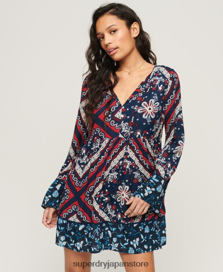フレアスリーブ 60s ミニドレス 女性 Superdry 衣類 青 2J62PZ2094