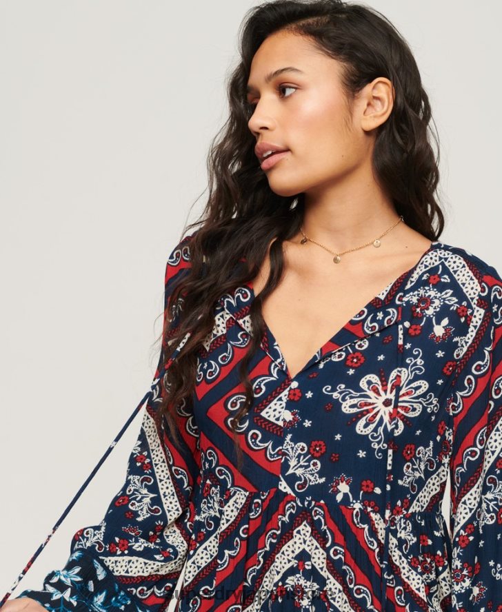 フレアスリーブ 60s ミニドレス 女性 Superdry 衣類 青 2J62PZ2094