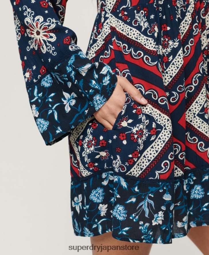 フレアスリーブ 60s ミニドレス 女性 Superdry 衣類 青 2J62PZ2094