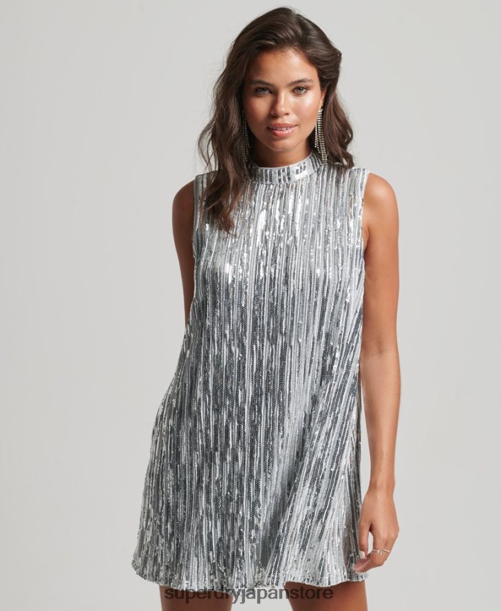 ノースリーブスパンコールAラインミニドレス 女性 Superdry 衣類 銀 2J62PZ2410
