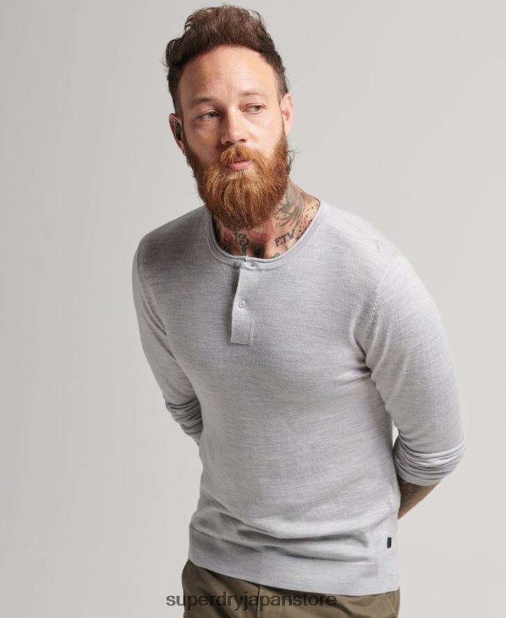 メリノクルーネックヘンリーニットトップ 男性 Superdry 衣類 ライトグレー 2J62PZ1521