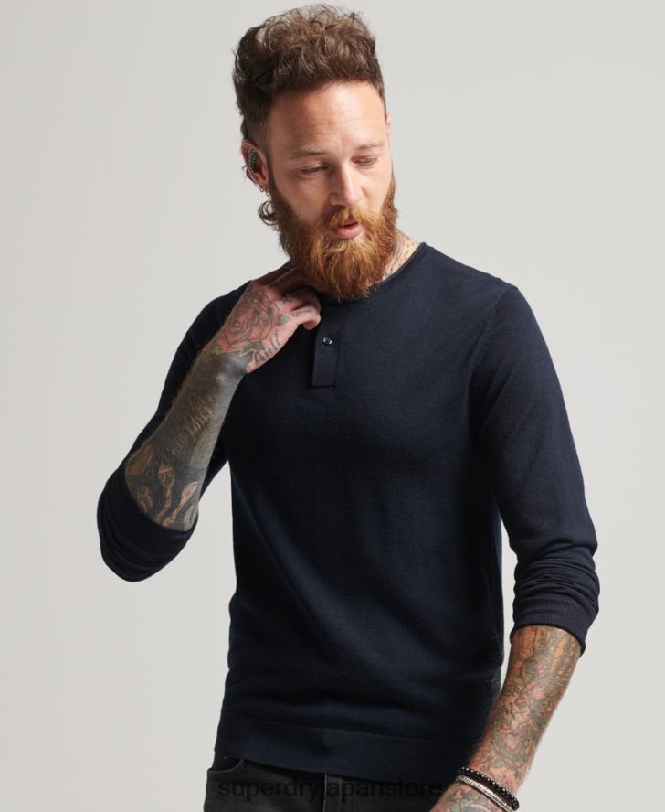 メリノクルーネックヘンリーニットトップ 男性 Superdry 衣類 海軍 2J62PZ1522