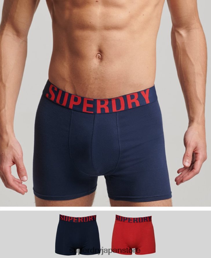 オーガニックコットン デュアルロゴ ボクサー ダブルパック 男性 Superdry 衣類 海軍 2J62PZ1621