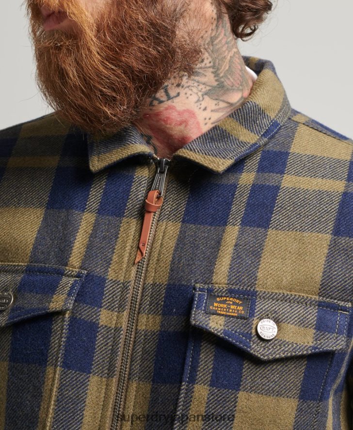 ジップスルーボルグ裏地付きウールチェックオーバーシャ​​ツ 男性 Superdry 衣類 緑 2J62PZ186