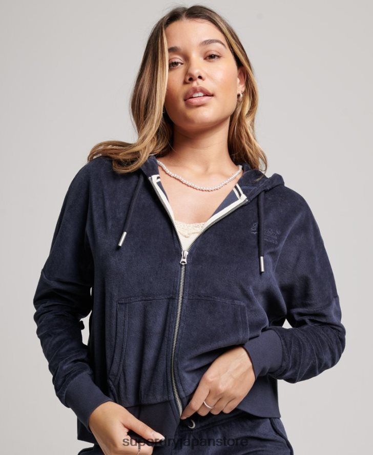 オーガニックコットン ヴィンテージロゴ ベロアジップパーカー 女性 Superdry 衣類 海軍 2J62PZ2185