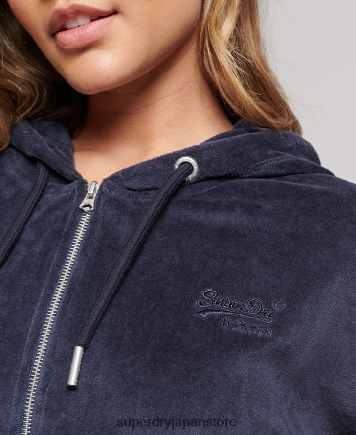 オーガニックコットン ヴィンテージロゴ ベロアジップパーカー 女性 Superdry 衣類 海軍 2J62PZ2185