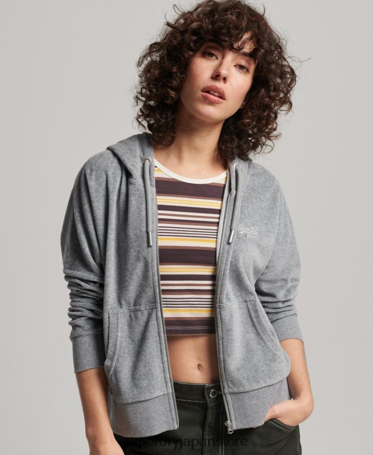 オーガニックコットン ヴィンテージロゴ ベロアジップパーカー 女性 Superdry 衣類 グレー 2J62PZ2197