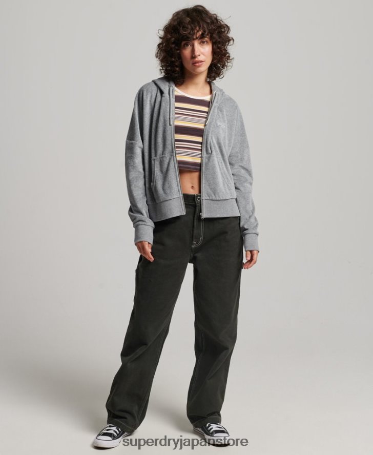 オーガニックコットン ヴィンテージロゴ ベロアジップパーカー 女性 Superdry 衣類 グレー 2J62PZ2197