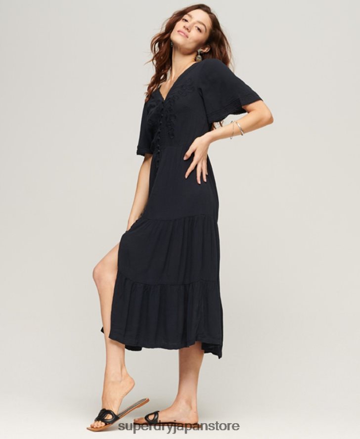 エンブロイダリー ティアード ミディドレス 女性 Superdry 衣類 海軍 2J62PZ2236