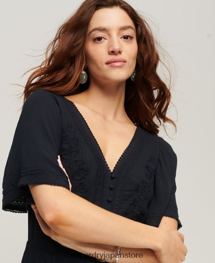 エンブロイダリー ティアード ミディドレス 女性 Superdry 衣類 海軍 2J62PZ2236