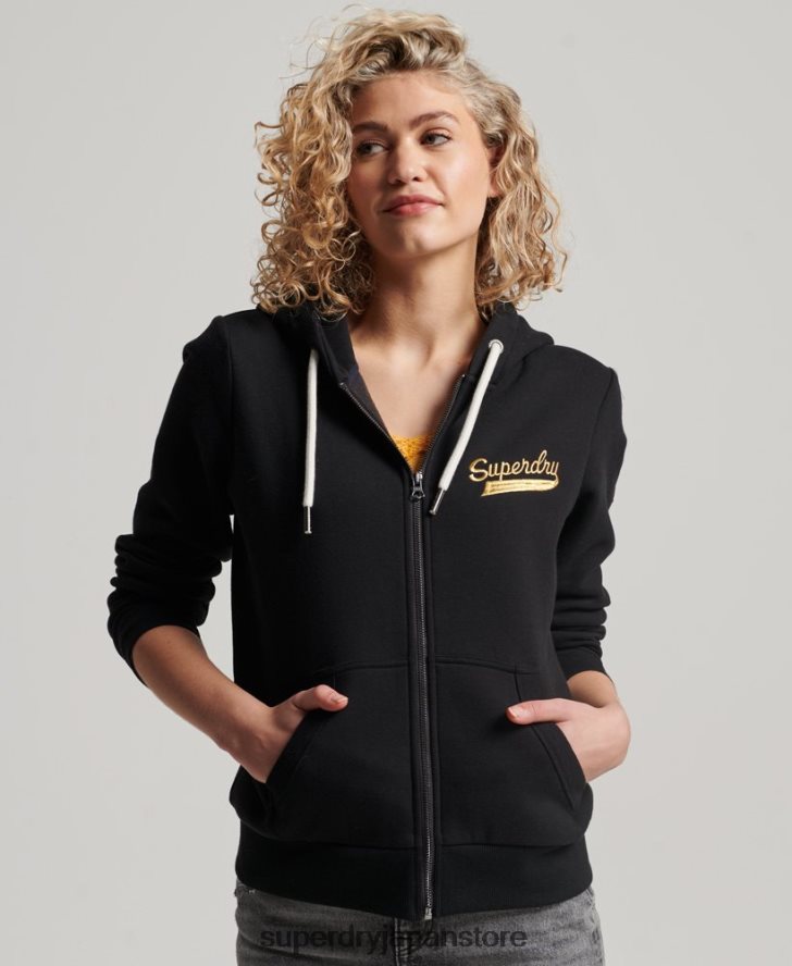 ヴィンテージ スクリプト カレッジ ジップ パーカー 女性 Superdry 衣類 黒 2J62PZ2293