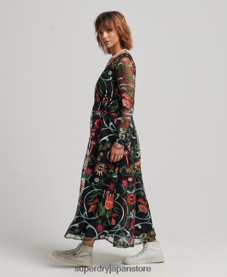 長袖メッシュマキシドレス 女性 Superdry 衣類 黒 2J62PZ2414