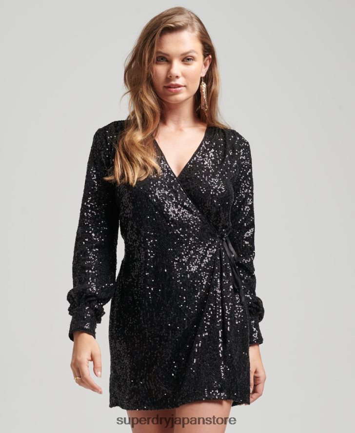 スリーブ スパンコール ラップ ミニドレス 女性 Superdry 衣類 黒 2J62PZ2446