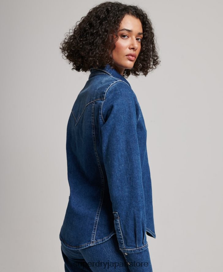 オーガニックコットンデニムウエスタンシャツ 女性 Superdry 衣類 濃紺 2J62PZ2892