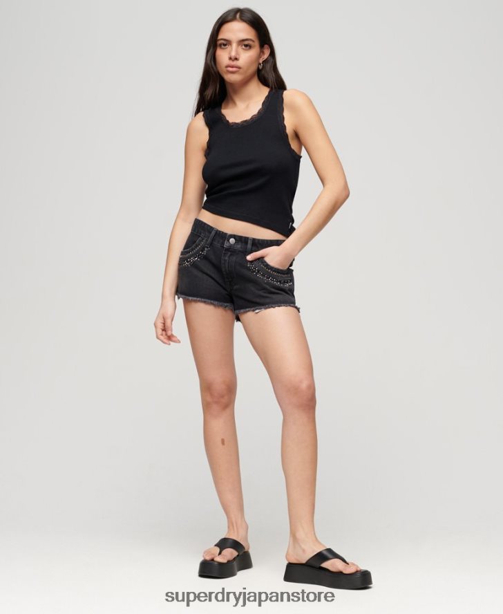 ディアマンテ 装飾デニムショートパンツ 女性 Superdry 衣類 黒 2J62PZ3112
