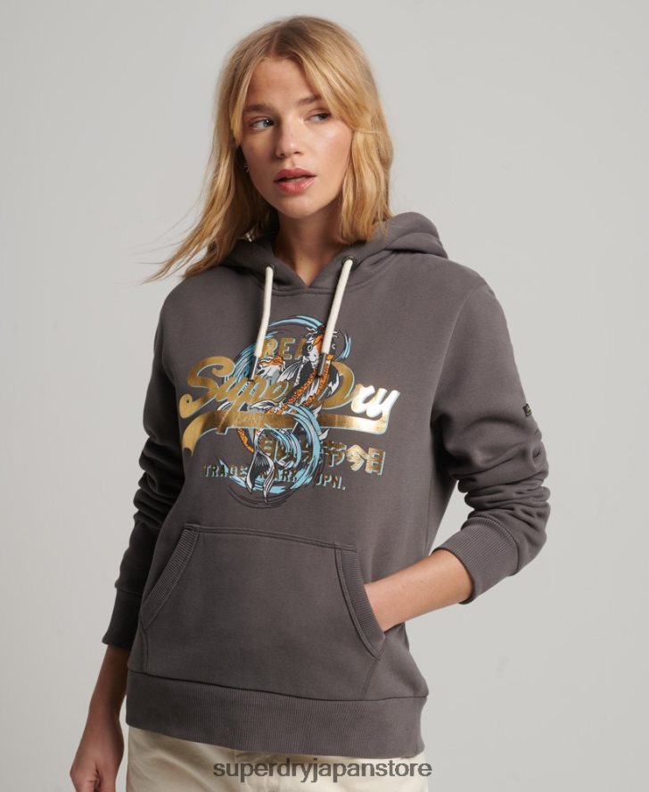 日本のヴィンテージロゴグラフィックパーカー 女性 Superdry 衣類 濃い灰色 2J62PZ3306