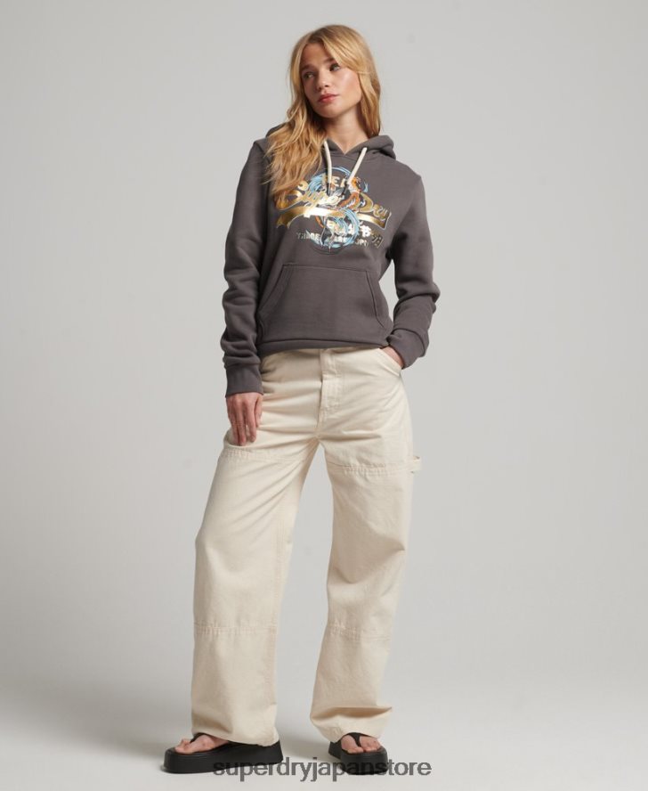 日本のヴィンテージロゴグラフィックパーカー 女性 Superdry 衣類 濃い灰色 2J62PZ3306