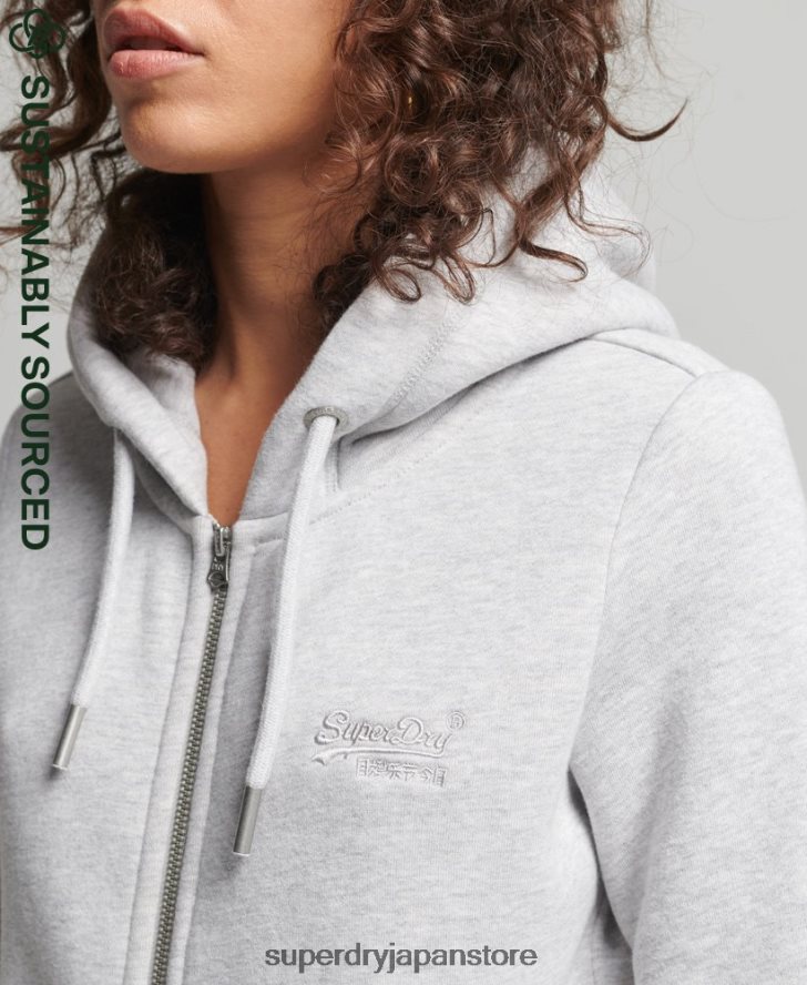 オーガニックコットン ヴィンテージロゴ刺繍ジップパーカー 女性 Superdry 衣類 ライトグレー 2J62PZ3316