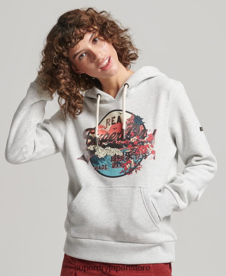 日本のヴィンテージロゴグラフィックパーカー 女性 Superdry 衣類 ライトグレー 2J62PZ3389