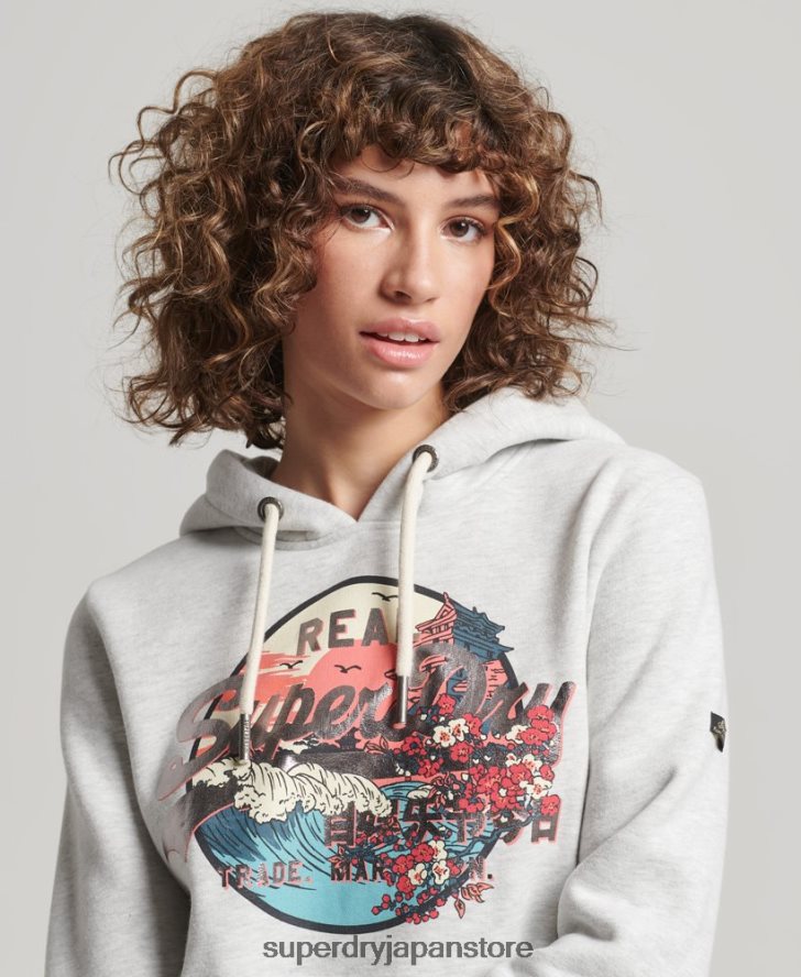 日本のヴィンテージロゴグラフィックパーカー 女性 Superdry 衣類 ライトグレー 2J62PZ3389