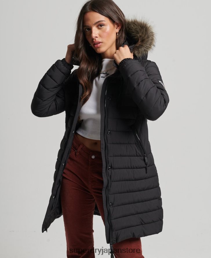 フェイクファーフード付きミッドレングスパファージャケット 女性 Superdry 衣類 黒 2J62PZ3550
