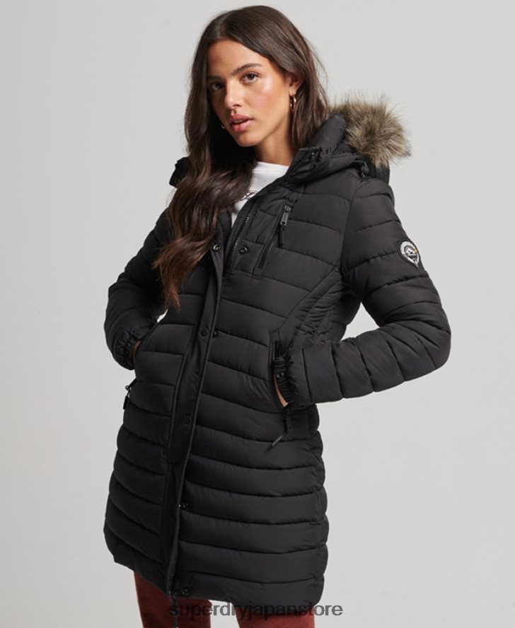 フェイクファーフード付きミッドレングスパファージャケット 女性 Superdry 衣類 黒 2J62PZ3550