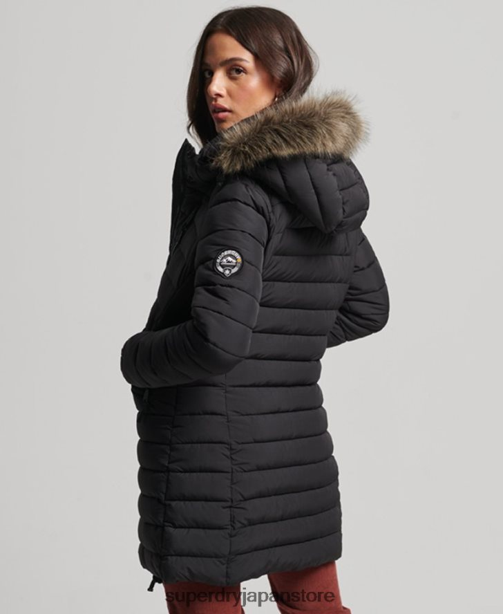 フェイクファーフード付きミッドレングスパファージャケット 女性 Superdry 衣類 黒 2J62PZ3550