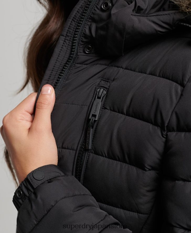 フェイクファーフード付きミッドレングスパファージャケット 女性 Superdry 衣類 黒 2J62PZ3550