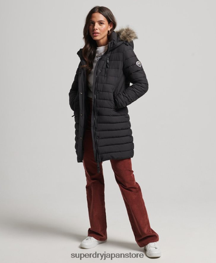 フェイクファーフード付きミッドレングスパファージャケット 女性 Superdry 衣類 黒 2J62PZ3550
