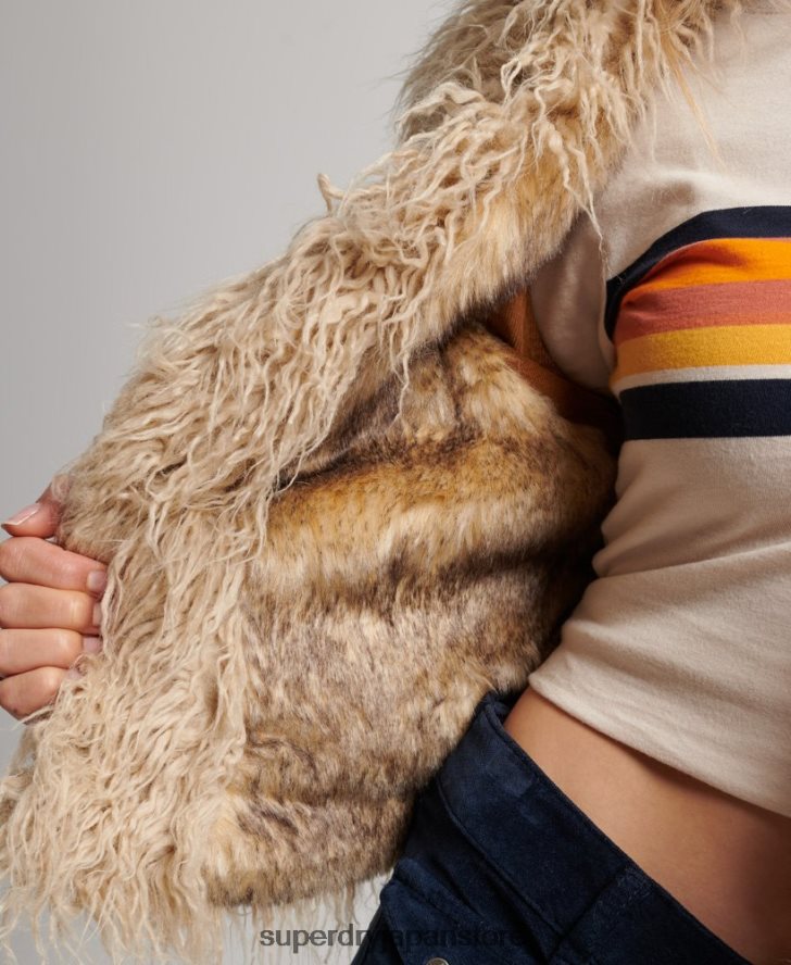 フェイクファー裏地付きアフガンクロップドジレ 女性 Superdry 衣類 茶色 2J62PZ3553