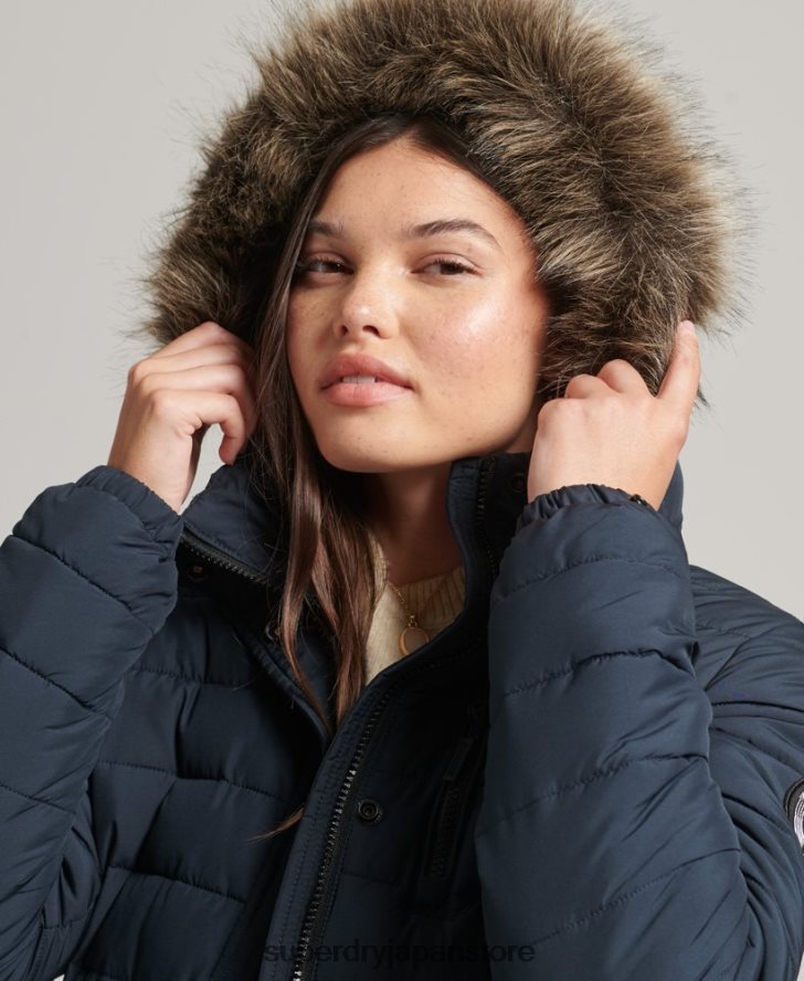 フェイクファーフード付きミッドレングスパファージャケット 女性 Superdry 衣類 海軍 2J62PZ3605