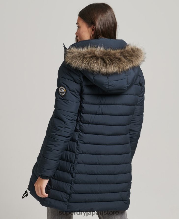 フェイクファーフード付きミッドレングスパファージャケット 女性 Superdry 衣類 海軍 2J62PZ3605