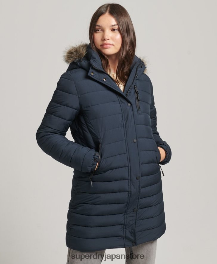 フェイクファーフード付きミッドレングスパファージャケット 女性 Superdry 衣類 海軍 2J62PZ3605