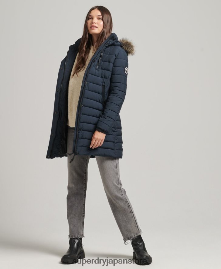 フェイクファーフード付きミッドレングスパファージャケット 女性 Superdry 衣類 海軍 2J62PZ3605