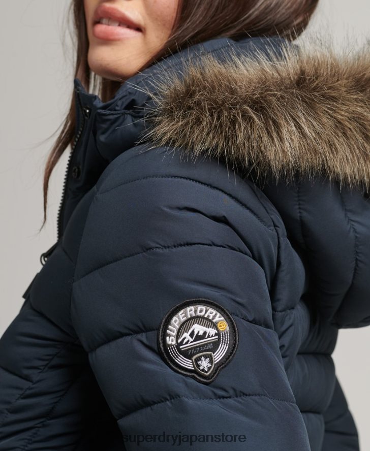 フェイクファーフード付きミッドレングスパファージャケット 女性 Superdry 衣類 海軍 2J62PZ3605