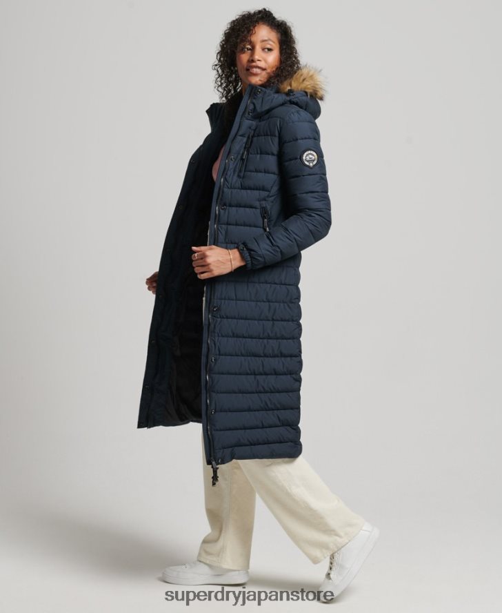 フェイクファーフード付き延縄ライトパッド入りパファーコート 女性 Superdry 衣類 海軍 2J62PZ3622