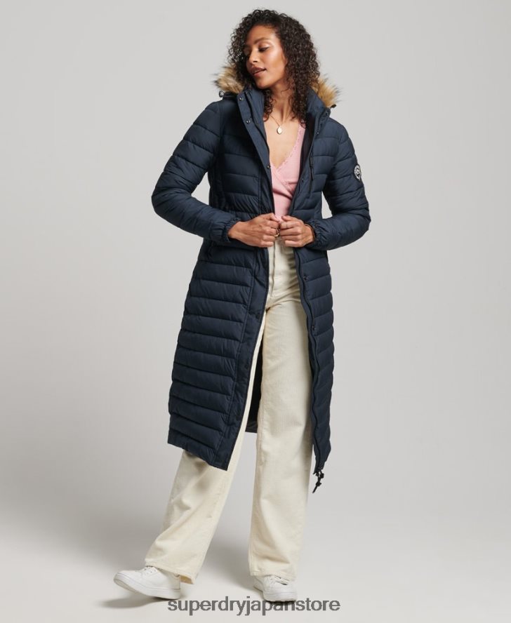 フェイクファーフード付き延縄ライトパッド入りパファーコート 女性 Superdry 衣類 海軍 2J62PZ3622