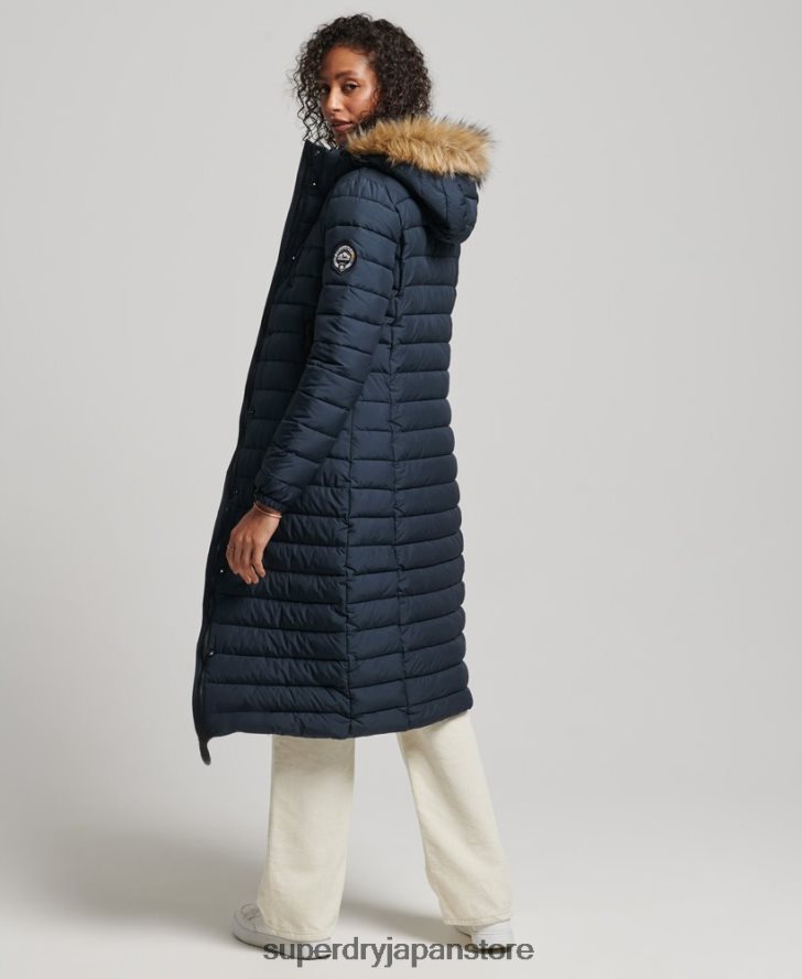 フェイクファーフード付き延縄ライトパッド入りパファーコート 女性 Superdry 衣類 海軍 2J62PZ3622