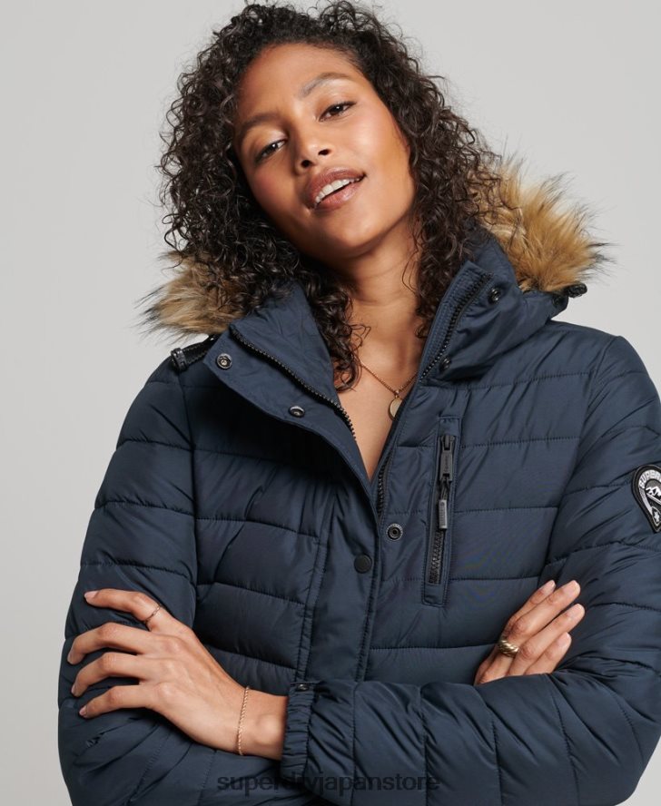 フェイクファーフード付き延縄ライトパッド入りパファーコート 女性 Superdry 衣類 海軍 2J62PZ3622