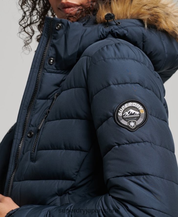 フェイクファーフード付き延縄ライトパッド入りパファーコート 女性 Superdry 衣類 海軍 2J62PZ3622