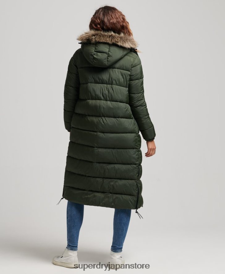 フェイクファーフード付き延縄フグコート 女性 Superdry 衣類 緑 2J62PZ3626