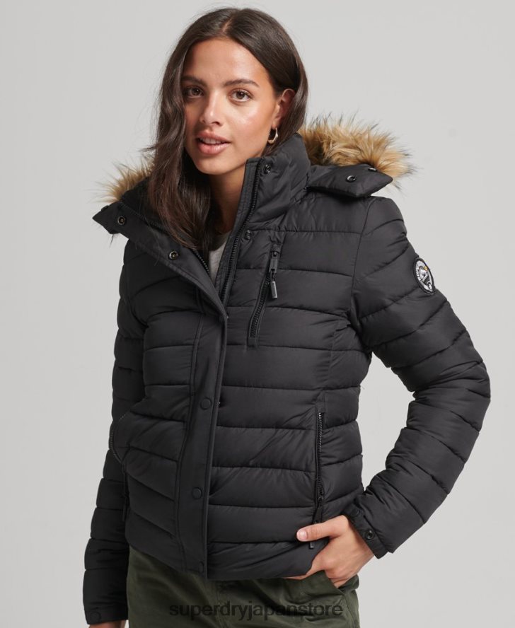 フェイクファーショートフード付きパファージャケット 女性 Superdry 衣類 黒 2J62PZ3630