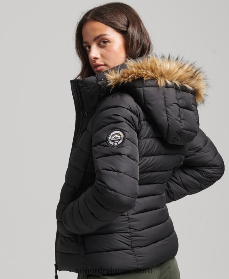 フェイクファーショートフード付きパファージャケット 女性 Superdry 衣類 黒 2J62PZ3630
