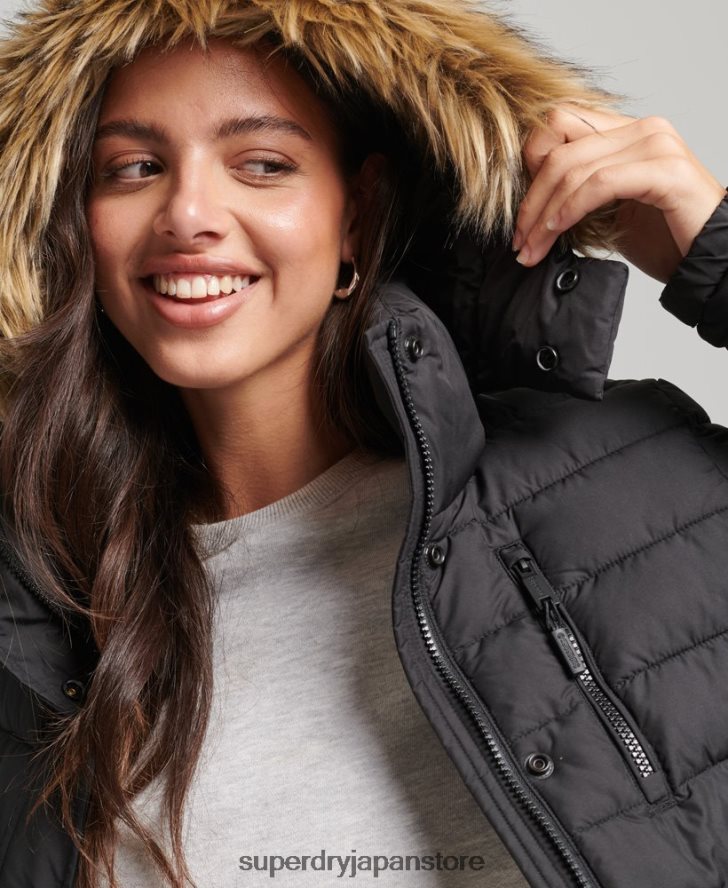 フェイクファーショートフード付きパファージャケット 女性 Superdry 衣類 黒 2J62PZ3630