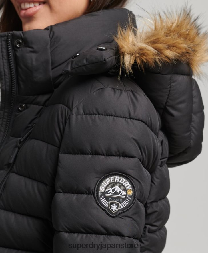 フェイクファーショートフード付きパファージャケット 女性 Superdry 衣類 黒 2J62PZ3630