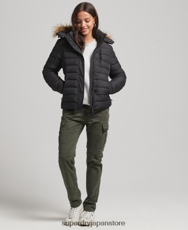 フェイクファーショートフード付きパファージャケット 女性 Superdry 衣類 黒 2J62PZ3630