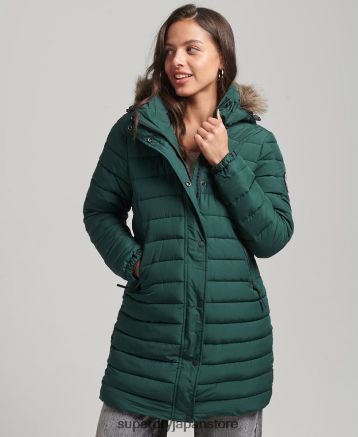 フェイクファーフード付きミッドレングスパファージャケット 女性 Superdry 衣類 緑 2J62PZ3636