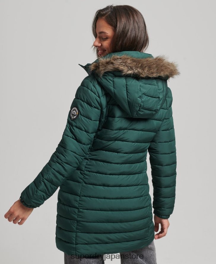 フェイクファーフード付きミッドレングスパファージャケット 女性 Superdry 衣類 緑 2J62PZ3636