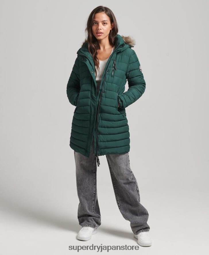 フェイクファーフード付きミッドレングスパファージャケット 女性 Superdry 衣類 緑 2J62PZ3636