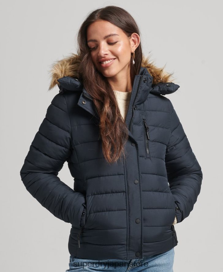 フェイクファーショートフード付きパファージャケット 女性 Superdry 衣類 海軍 2J62PZ3640